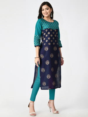 Alexa India Women Block Print A-line Kurta(Dark Blue)