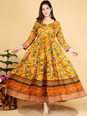 MORAA Women Printed, Applique Anarkali Kurta(Yellow, Multicolor)