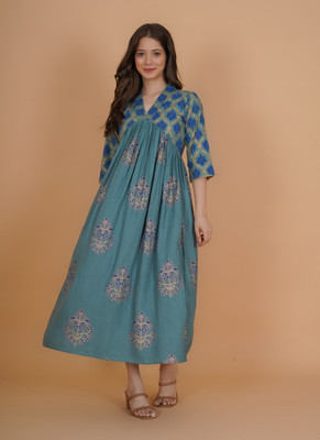 INDIANIC Women Printed Flared Kurta(Green)