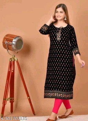 JPR KURTY Women Printed Straight Kurta(Black, Gold)