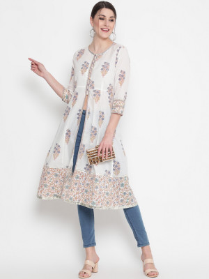 ALEXNCLEO Women Printed A-line Kurta(White)