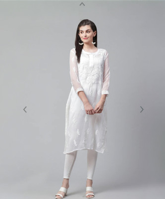 FS FASHION Women Chikan Embroidery Straight Kurta(White)