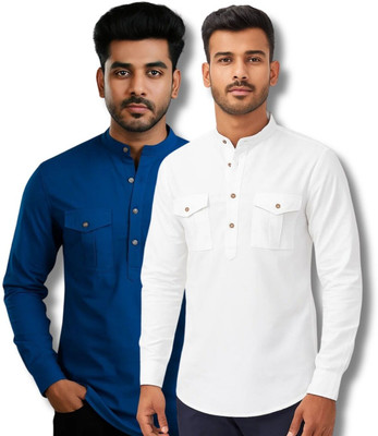EchoWear Men Solid Straight Kurta(Dark Blue, White)