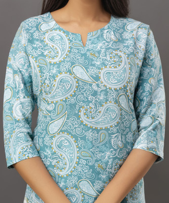 JASORIYA Women Abstract, Block Print, Embellished, Floral Print, Geometric Print, Striped, Printed Straight Kurta(Light Blue)