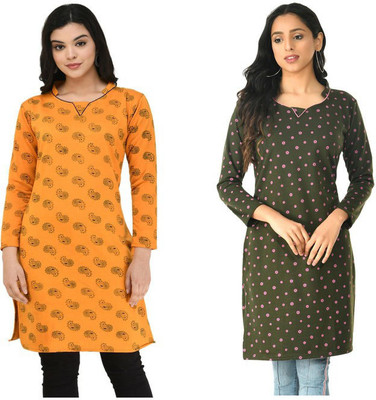 Indeweaves Women Floral Print A-line Kurta(Dark Green, Yellow)