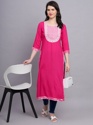 NYPA Women Embroidered Straight Kurta(Pink)