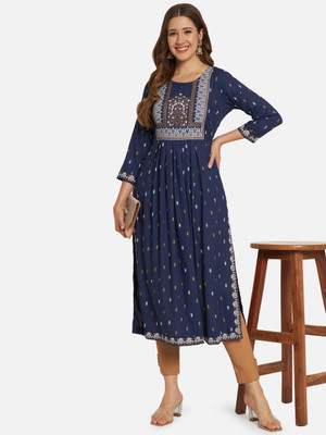 ASHRU Women Printed Anarkali Kurta(Dark Blue)