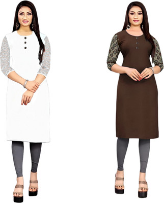 HOFC Women Solid Straight Kurta(White, Brown)