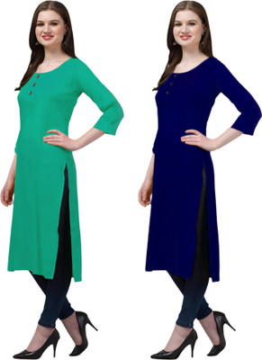 Coft Women Solid Straight Kurta(Light Green, Blue)