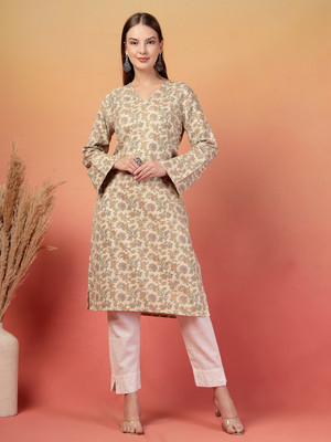 DEIFIC Women Floral Print Straight Kurta(Beige)