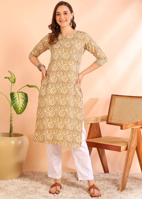 SonuNx Fashion Women Printed Straight Kurta(Yellow)