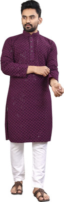 ALMORA Men Embroidered A-line Kurta(Purple)