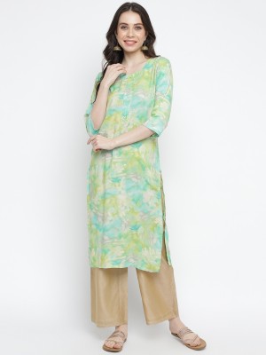 Anaiah Women Printed Straight Kurta(Light Green)