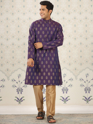 House of Pataudi Men Printed Straight Kurta(Purple)