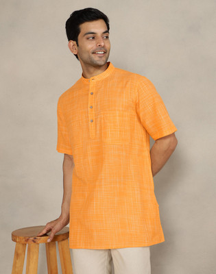 Fabindia Men Checkered Straight Kurta(Yellow)