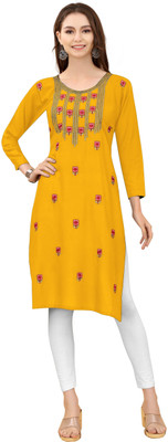 atochi Women Embroidered Straight Kurta(Yellow)