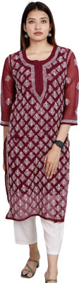 INDICRAFT Women Chikan Embroidery Straight Kurta(Maroon, White)