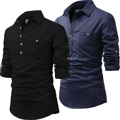 Vida Loca Men Solid Pathani Kurta(Dark Blue, Black)