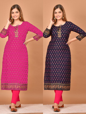 Avnigarments Women Printed, Embroidered A-line Kurta(Dark Blue, Pink)