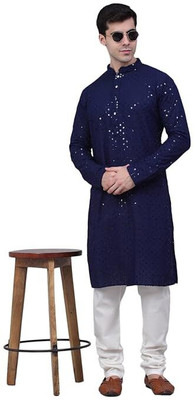 BDIVINE Men Embroidered A-line Kurta(Dark Blue)