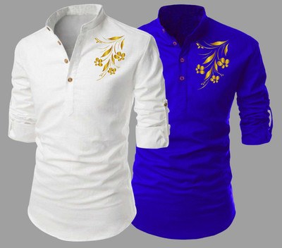 DEEMOON Men Self Design Straight Kurta(White, Blue)