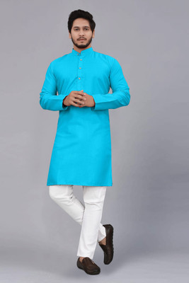 omkar Men Solid Straight Kurta(Light Blue)