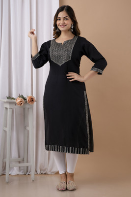 oceanabode Women Embroidered A-line Kurta(Black)