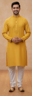 Morfar Men Embellished, Abstract Straight Kurta(Yellow)