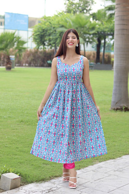 Dityaa Women Printed Flared Kurta(Light Blue, White, Pink)
