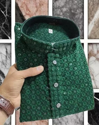 Rensila Fab Men Embellished Straight Kurta(Green)