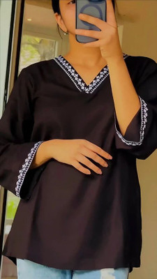 JR JEZREEL Casual Embroidered Women Black Top