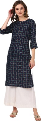 Rangita Women Printed Straight Kurta(Dark Blue)