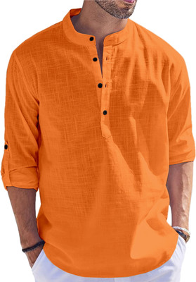 FOLGEN Men Solid Straight Kurta(Orange)