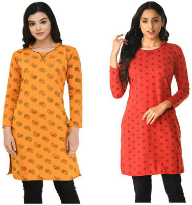 Indeweaves Women Floral Print A-line Kurta(Red, Yellow)