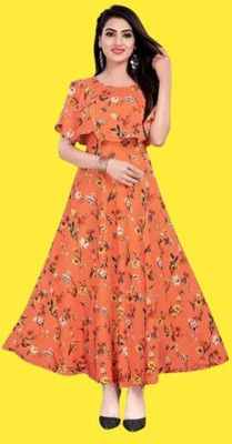 U CREATION Women Printed Anarkali Kurta(Orange)