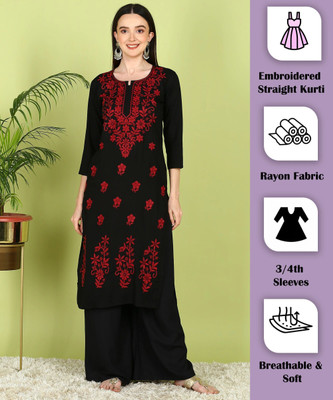 TOP N THREAD Women Chikan Embroidery, Embroidered, Floral Print A-line Kurta(Black)