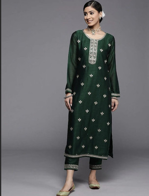 RARE THREAD Women Embroidered A-line Kurta(Green)