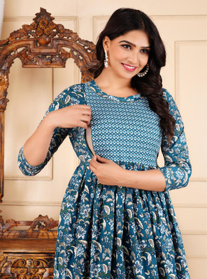 PIROKI Women Printed Anarkali Kurta(White)