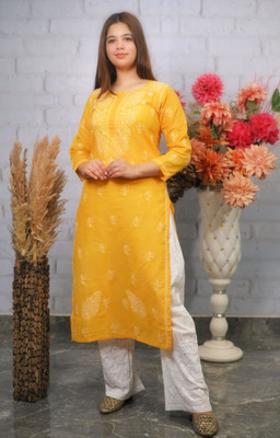 Chikirpolo Women Chikan Embroidery Straight Kurta(Yellow)