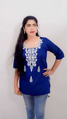 PravinFab Women Chikan Embroidery A-line Kurta(Dark Blue)