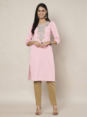 Trend Level Women Embroidered Straight Kurta(Pink)