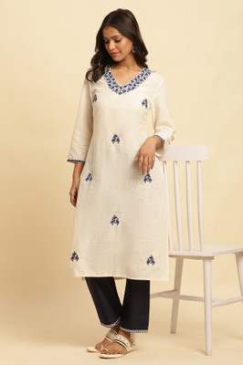 W Women Self Design Straight Kurta(White)