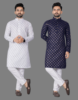 DHASU TRENDZ Men Printed Straight Kurta(White, Blue)