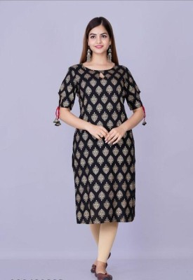 VIHAPH Women Printed A-line Kurta(Black, Gold)