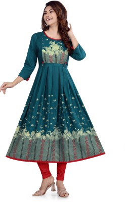 top by Fashion Women Printed Anarkali Kurta(Light Blue)