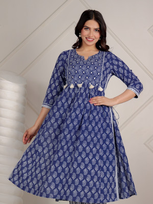 Aramya Women Printed A-line Kurta(Blue)