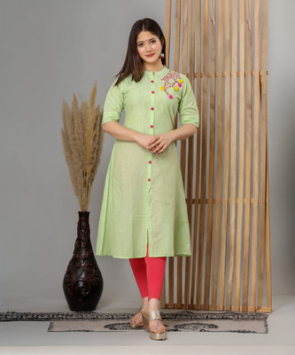 LOOMS21 Women Embroidered A-line Kurta(Light Green)