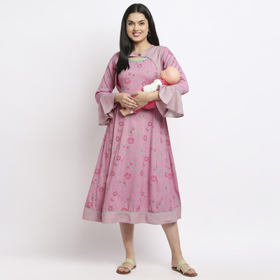 TRUE SHAPE Women Printed Flared Kurta(Pink)