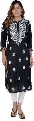 Gulmohar Chikan Art Women Chikan Embroidery Straight Kurta(Black)