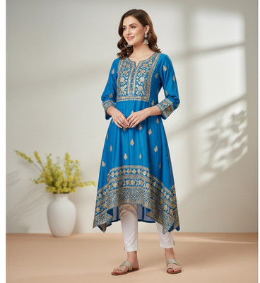 RAJI Women Embroidered, Geometric Print Anarkali Kurta(Blue)